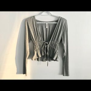 Grey Long Sleeve Front Tie Crop Top